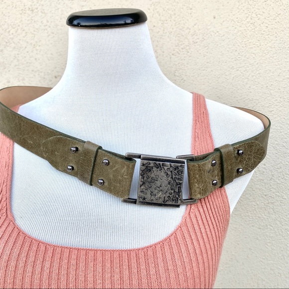 STREETS AHEAD leather belt unique green silver Love Buckle embossed hip waist L - Picture 12 of 14